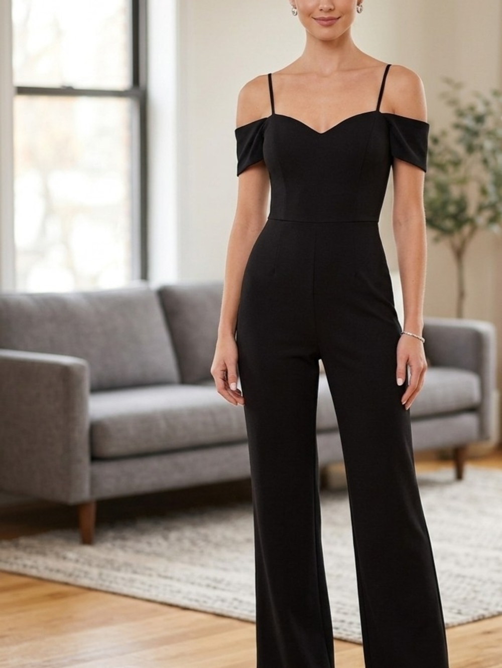 Love Chesley Black Off-the-Shoulder Wide Leg Jumpsuit - Size Medium